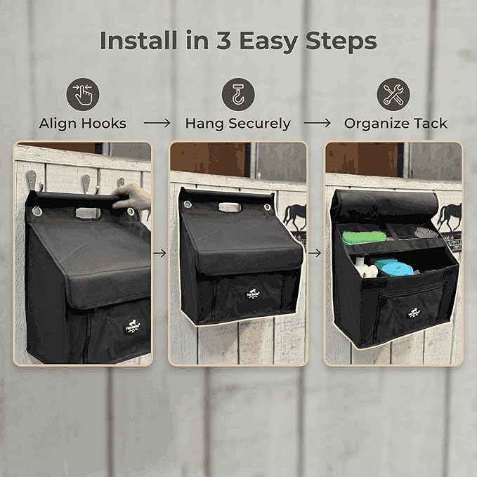 TGW RIDING Stall Front Organizer Bag, Black, Multi-Compartment Storage, Horse Grooming Supply Holder with Top Loading Design