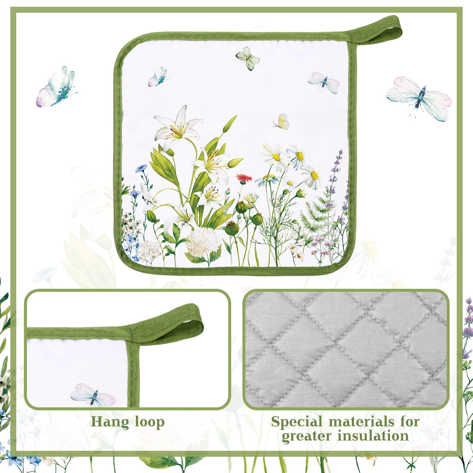 Bencailor 12 Pcs Pot Holders with Pocket Kitchen Hot Potholders Hot Pad Oven Mitts Cookie Bag Oven Gloves for Kitchen Gift Baking Cooking(Watercolor,Floral)