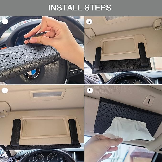 Langmeil Car Sun Visor Tissue Holder, Car Napkin Holder, Premium PU Leather, Mask Holder for Sun Visor Vehicle, with Tissue Refill, Black