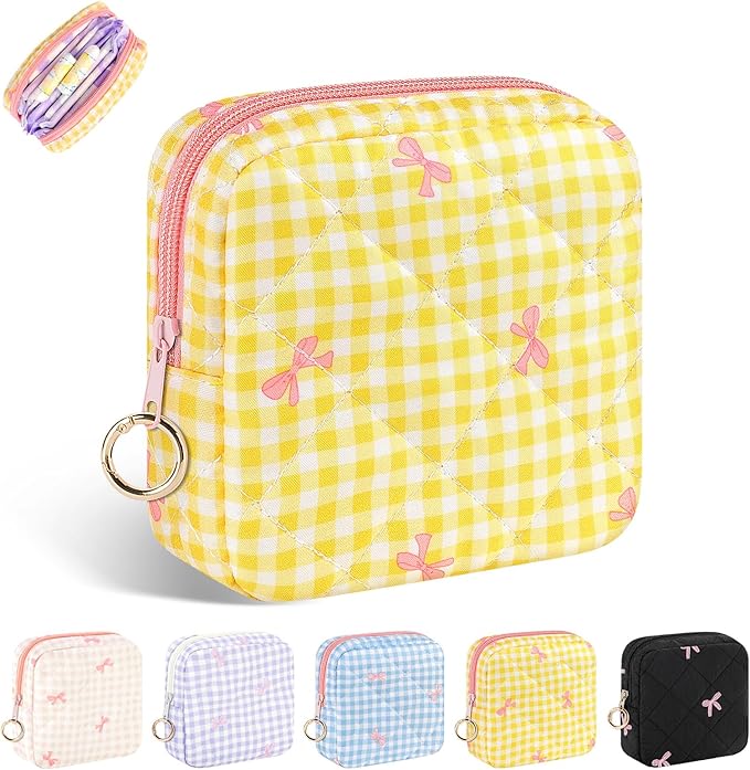 Playexen Period Bag for Teen Girls, Quilted Sanitary Napkin Storage Bag, Cute Bow Tie Menstrual Pad Pouch Tampon Holder (Plaid Yellow)