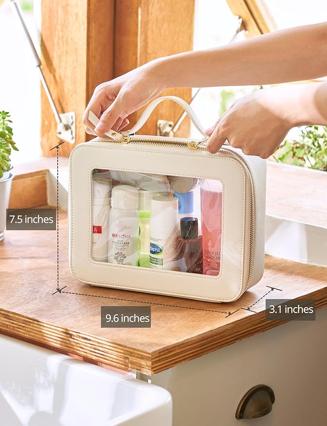 Popvibe Clear Makeup Case White Toiletry Bag Travel Large Clear Cosmetic Bag with Zipper, Big Make Up Bag Organizer Women Traveling TSA Approved Transparent Bag Car for Essentials