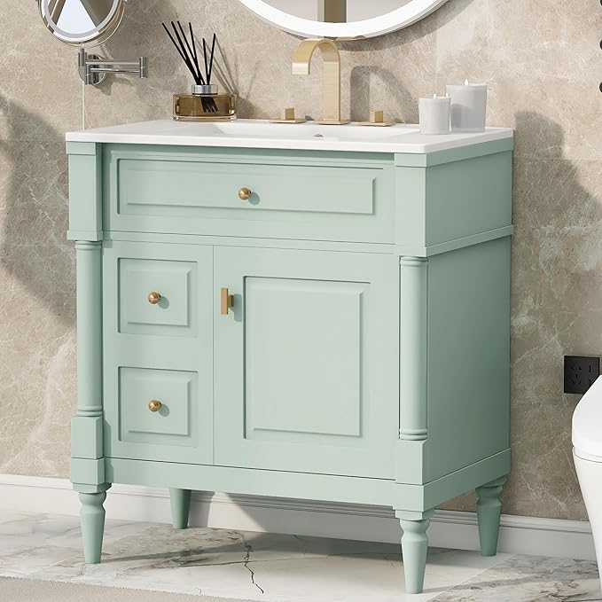 Harper & Bright Designs 30" Bathroom Vanity with Sink, Free Standing Bathroom Vanity Set with Flip Drawer, 2 Drawers, and Adjustable Shelf, Wood Storage Cabinet with Ceramic Basin for Bathroom, Green