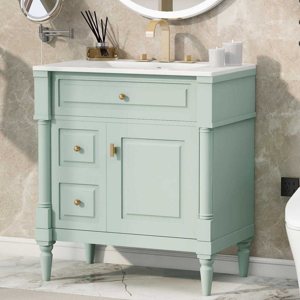 Harper & Bright Designs 30" Bathroom Vanity with Sink, Free Standing Bathroom Vanity Set with Flip Drawer, 2 Drawers, and Adjustable Shelf, Wood Storage Cabinet with Ceramic Basin for Bathroom, Green