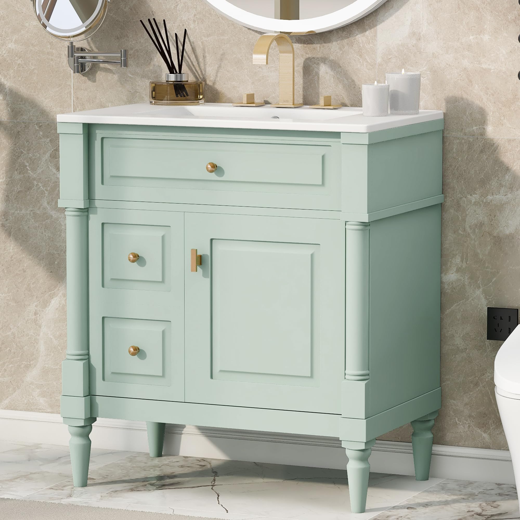 Harper & Bright Designs 30" Bathroom Vanity with Sink, Free Standing Bathroom Vanity Set with Flip Drawer, 2 Drawers, and Adjustable Shelf, Wood Storage Cabinet with Ceramic Basin for Bathroom, Green