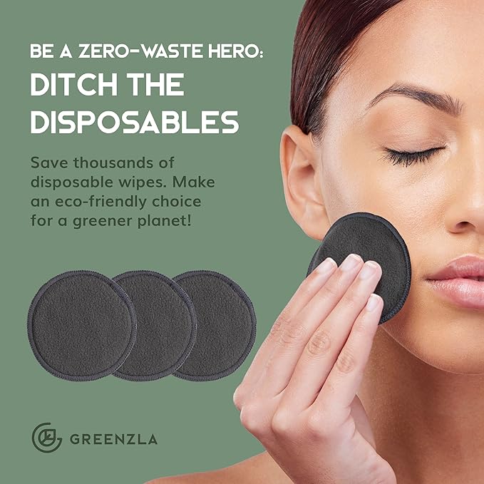 GREENZLA Reusable Makeup Remover Pads | 20 Pack | Bamboo Charcoal
