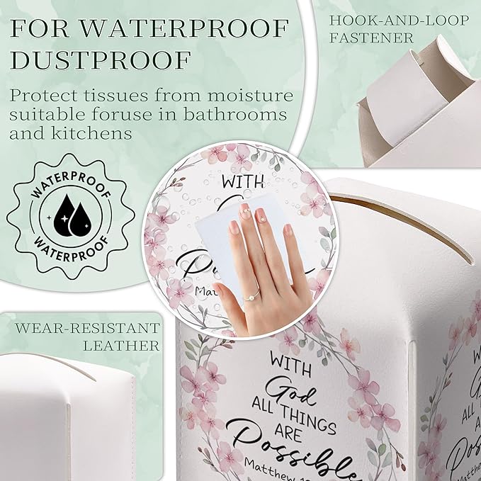 with God All Things are Possible Tissue Box Cover Square, Pink Wreaths Waterproof Leather Tissue Box Holder, Pink Paper Facial Tissue Box Covers Cube for Office Bathroom Home Prayer Room