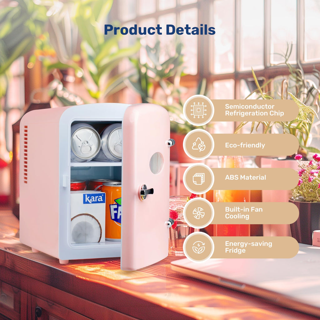 Simple Deluxe 4L/6 Can Portable Mini Fridge with Observation Window, Compact Cooler & Warmer Freon-Free Small Refrigerator, for Skincare, Beverage, Food, Cosmetics, Pink