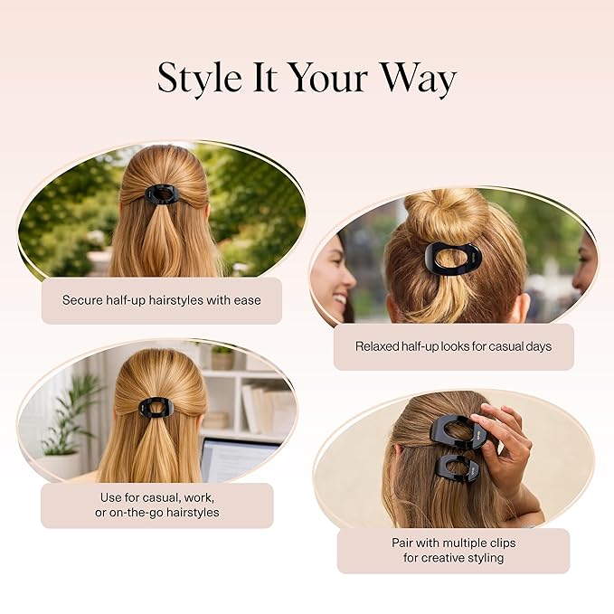 Kitsch Small Flat Claw Clips for Women - Stylish Flat Hair Clips, Strong Hold for Thick & Fine Hair | Non-Slip for Secure, Comfortable All-Day Wear - Black