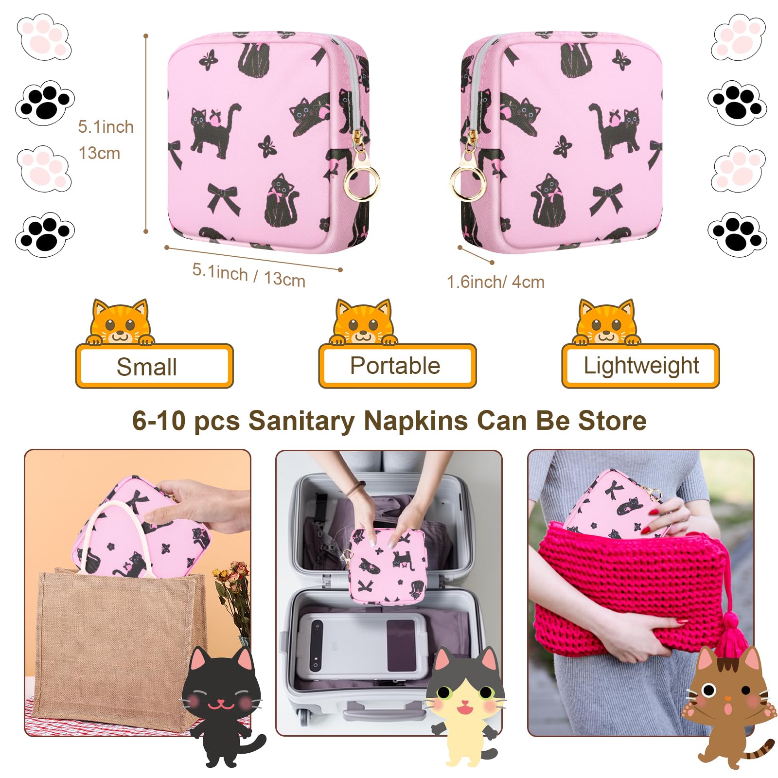 Likesing Tampon Holder for Purse, Canvas Period Bag Pouch-Bow Tie Black Cat