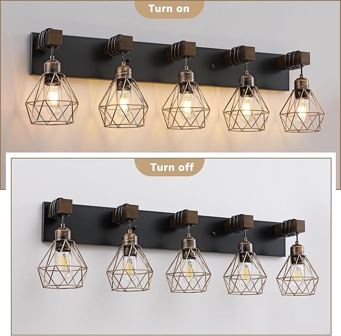 Farmhouse Bathroom Vanity Light Fixtures, 5-Light Wood Bathroom Light Fixtures Over Mirror, Rustic Sconces Wall Lighting with Elegant Metal Lampshade for Living Room, Bedroom, Hallway