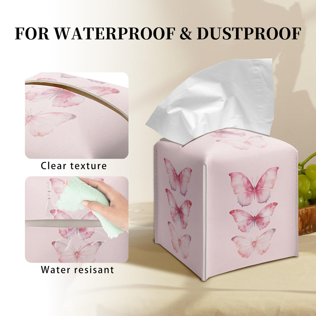 Grace Yonks Cute Pink Butterfly Tissue Box Cover Square, Cube Case for Facial Tissues, 5.2" PU Leather(075)