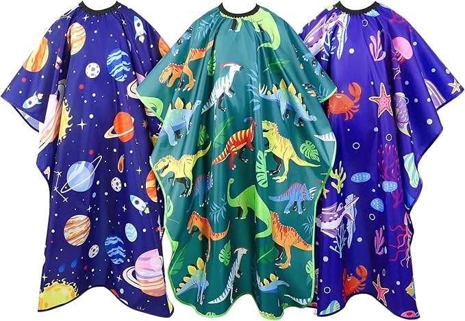 3 Pack Kids Hair Cutting Cape, Professional Barber Cape for Children with Fun Designs, Waterproof Haircut Capes Accessories for Kids Salon Barber Styling and Home Use (3 Styles)