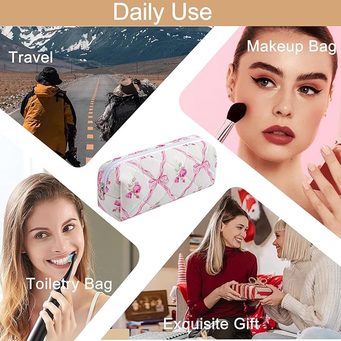 HHQQWZ Cute Floral Cotton Makeup Brush Cosmetic Bag for Women, Travel Quilted Zipper Make Up Bag, Flowers Toiletry Organizer Case Kawaii Makeup Cosmetic Travel Cloth Pouch (Pink Bowknot)