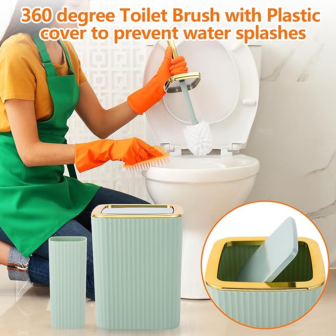 Bathroom Accessory Set,9 Pieces Light Green Bathroom Accessories Set with Trash Can, Toothbrush Holder, Soap Dispenser, Toothbrush Cup, Vanity Tray, Soap Dish, Toilet Brush, Qtip Holder