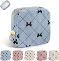 Period Bag for Teen Girls, Corduroy Cute Sanitary Napkin Storage Bag, Menstrual Pad Tampon Holder for Purse (Blue-Bow Tie)