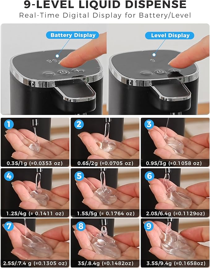 Automatic Liquid Soap Dispenser, 13.5oz/400mL, USB Rechargeable, 9-Level Adjustable, IPX5 Waterproof, Touchless & Wall/Tabletop, Compatible with Thick Thin Dish Soap for Kitchen Bathroom, Black