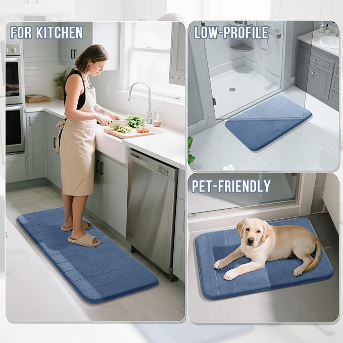 Yimobra U-Shaped Toilet Bath Mat Set 2 Piece - Soft Absorbent Quick Dry Memory Foam Bathroom Rugs, Machine Washable Non Slip Floor Carpet for Tub Shower & Single Sink (17x24 & 24x20, Denim Blue)