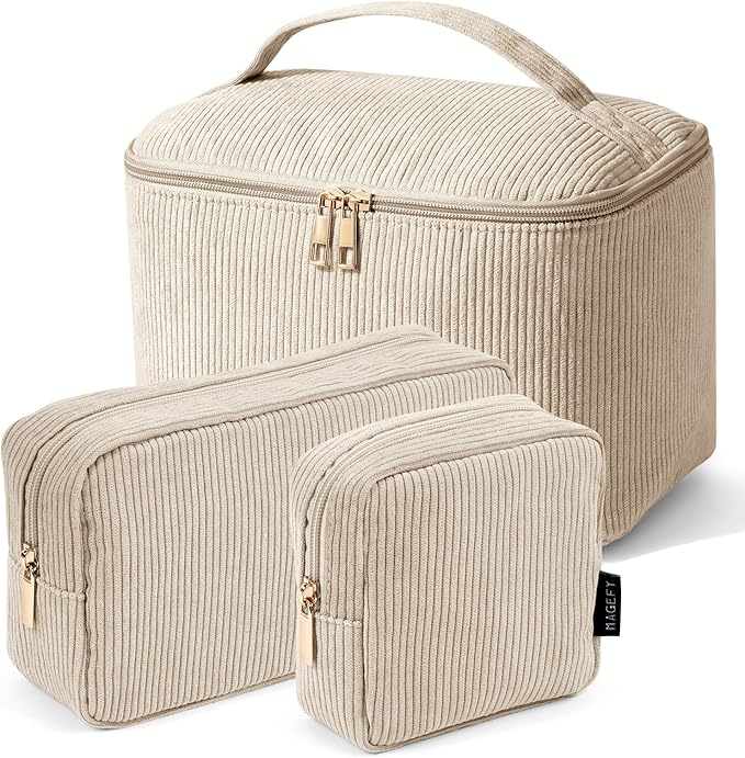 MAGEFY Makeup Bag, 3 Pcs Cosmetics Bag Large Capacity with Handle Make Up Bag for purse Corduroy Bag Pouch for Purse Travel Makeup Organizer Bag-Beige