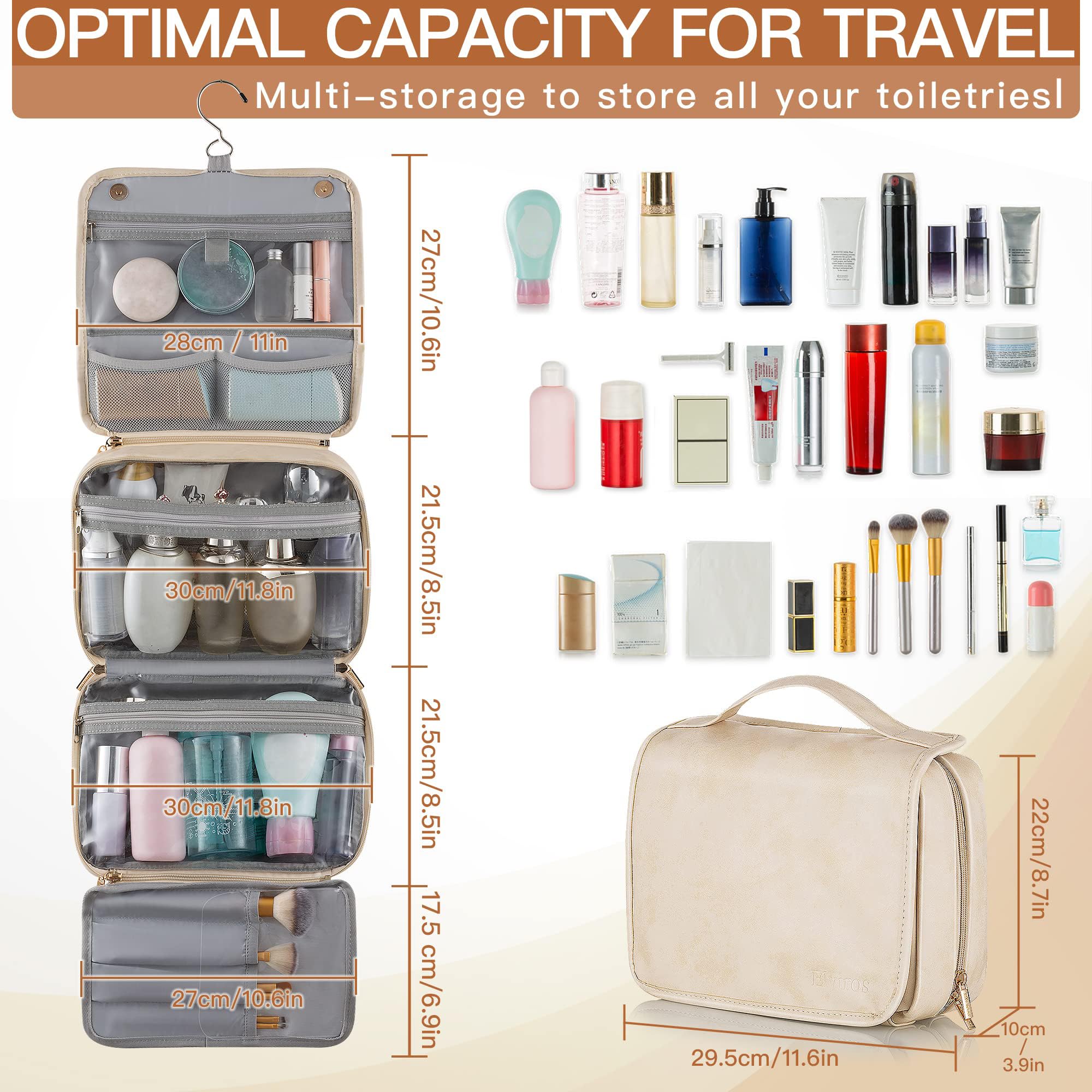 Elviros Hanging Travel Toiletry Bag for Women Vegan Leather (Beige)