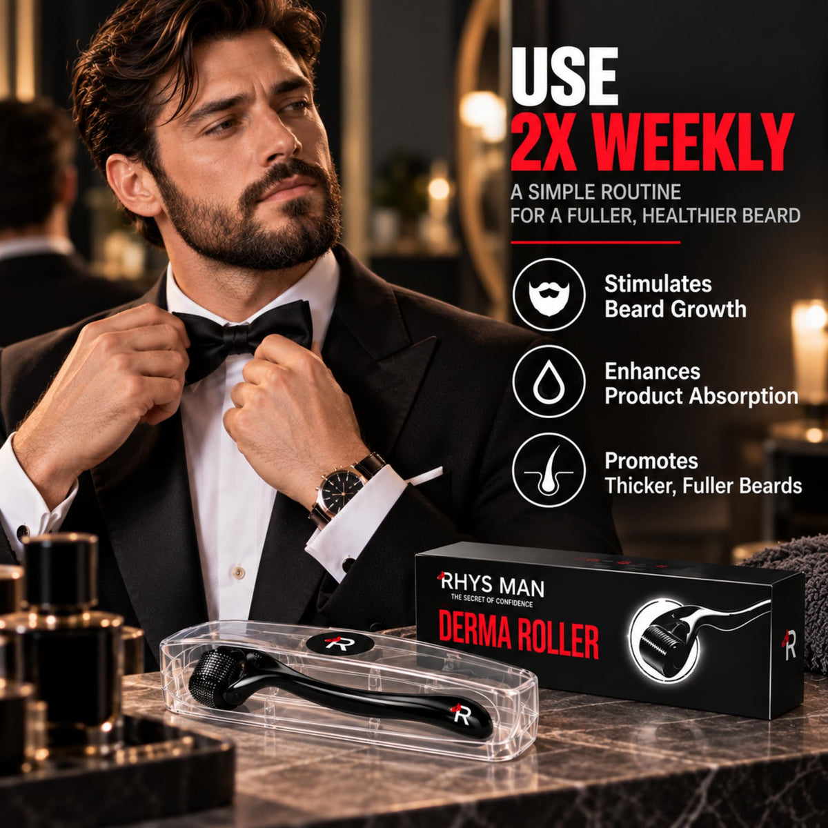 Rhys Man Derma Roller 0.25mm with Storage Case – Titanium Dermaroller for Beard, Face & Scalp Care, 540 Needles Skin Care Tool for Men & Women