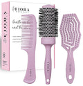 Fiora Naturals Hair Detangler, Round Brush, and Comb Set for Women - All Hair Types: Natural, Fine & Curly - Ideal for Detangling and Blow Drying