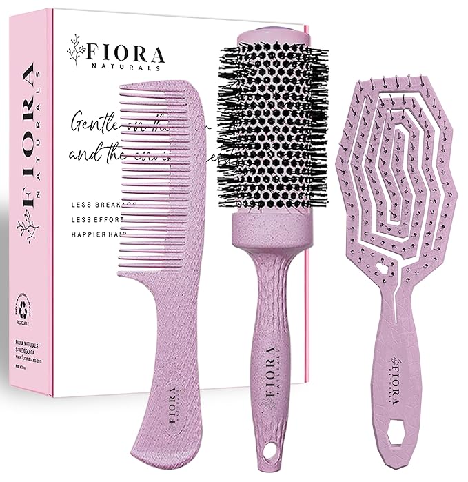 Fiora Naturals Hair Detangler, Round Brush, and Comb Set for Women - All Hair Types: Natural, Fine & Curly - Ideal for Detangling and Blow Drying