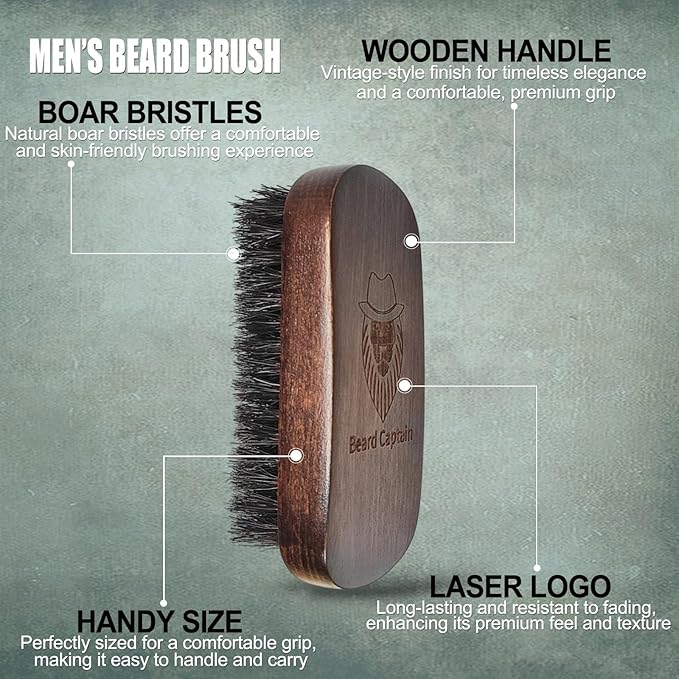 Beard Captain 100% Boar Bristle Beard Brush for Men | Premium Vintage Wooden Handle | Soft Bristles | Grooming Tool for Short, Thin, Thick, Coarse & Full Beards
