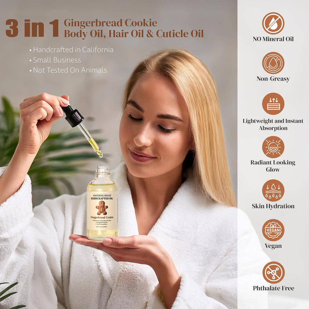 Soothing House Gingerbread Cookie Body Oil: Moisturizing Body Oil for Soft, Glowing Skin with Almond & Jojoba Oil (4 fl oz)