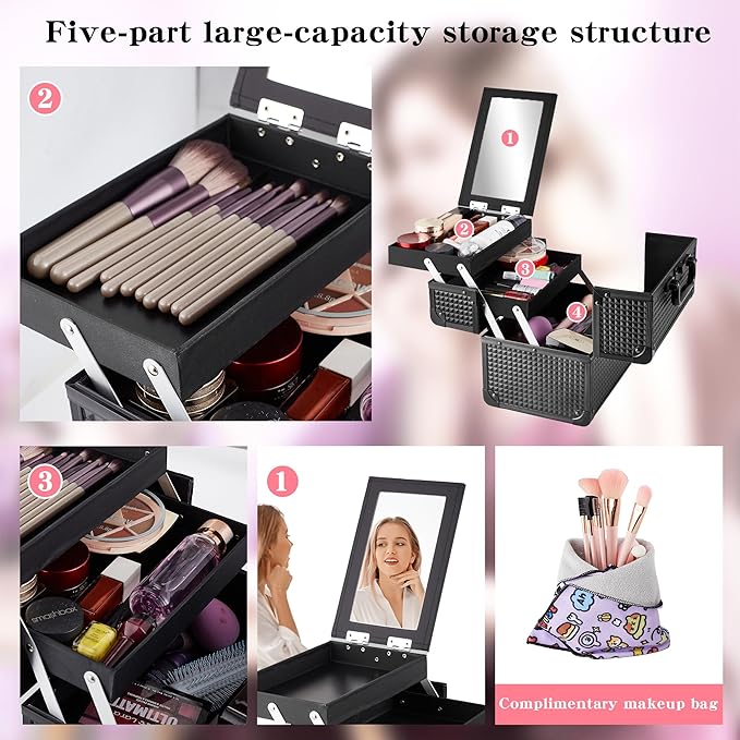 GALHUBIS Makeup Train Case, Portable Makeup Case with Mirror, 2-Trays Cosmetic Organizer Case,Nail Polish Organizer, Travel Makeup Box, Profesional for Salon Barber, Black