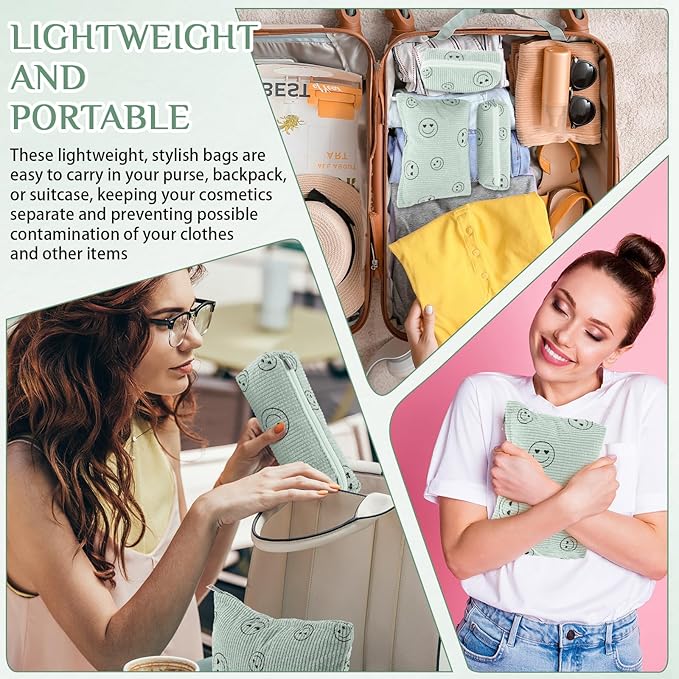 Huhumy 3 Pcs Makeup Bag Set for Women Corduroy Cosmetic Pouch Aesthetic Smile Travel Toiletry Bag Cute Purse Pouch Pencil Case Makeup Brushes Storage Organizer with Zipper(Green,Smile Face)