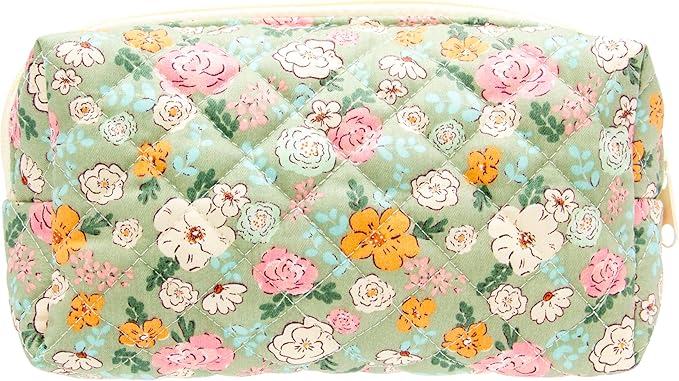 PAZIMIIK Small Quilted Makeup Bag,Zipper Cosmetic Pouch,Green Floral