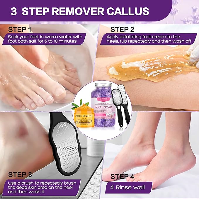 Pack of 4 lavender Himalayan Pink FOOT SOAK SALT Kit Tea Tree OiFoot Callus Remover Gel Kit Foot Files Set Moisturize, Foot Odor cream spa massager Epsom Salt pedicure at home spa