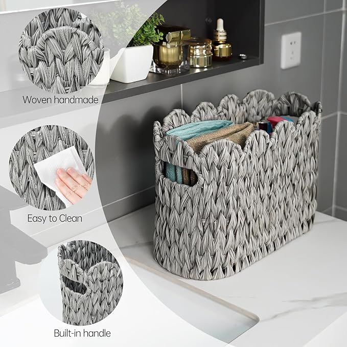 Coeusy Grey Toilet Paper Storage Basket,Scalloped Baskets for Bathroom Organizers and Storage,Waterproof Plastic Wicker Basket for Bathroom,Laundry Room