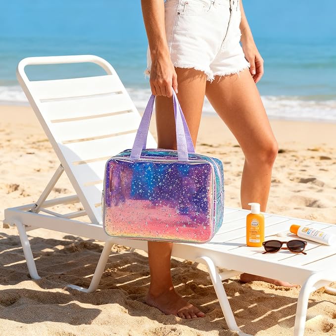 TotePrint Holographic Purple Star Large Cosmetic Bag and Travel Pouch with Handle,Durable Material,Zipper Design-Ideal for Makeup,Travel Essentials (Purple Handle)