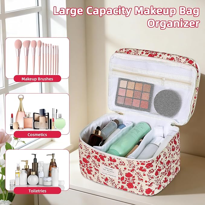 Gosect Makeup Bag, Portable Travel Make up Bag, Large Capacity Quilted Cosmetic Organizer Bag, Cute Floral Toiletry Bag for Women Girls (Bright Pink Rose)