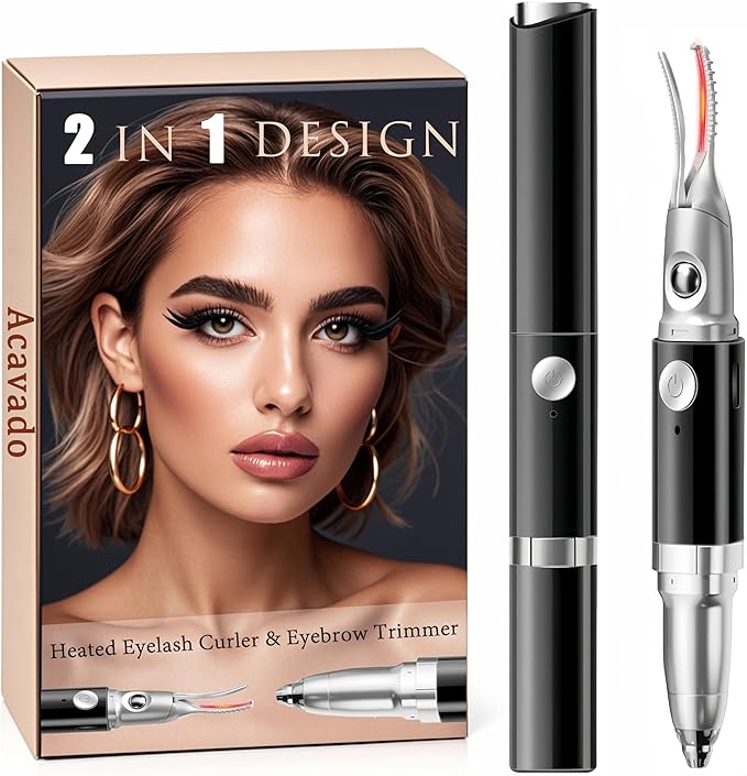 Heated Eyelash Curler - 2 in 1 Eye Lash Curler and Eyebrow Trimmer for Women with 2 Temperature Modes, USB Rechargeable Electric Eyelash Curler, Anti-Burn Design, Ideal Gift for Women(Black A)