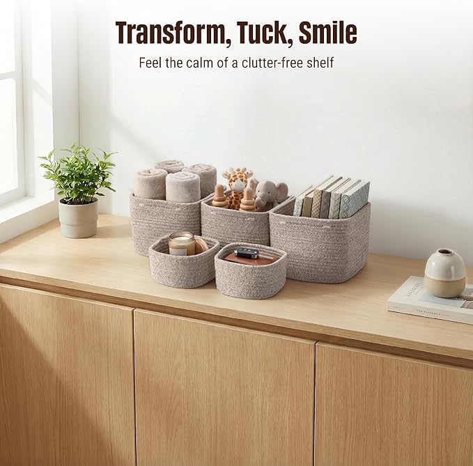 5-Pack Storage Cubes Woven Rope Baskets - 2 Sizes Organizer Bins for Closet, Shelf, Bookshelf, Nursery, Changing Table, Cube Storage Bins, Storage Baskets for Bathroom Toy & Home
