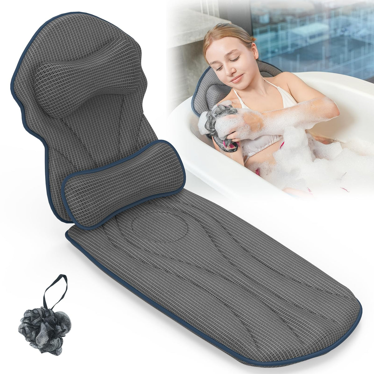 Full Body Bath Pillows for Tub Luxury Bathtub Pillow Cushion for Head,Shoulder,Back&Lumbar Support Thick Tub Pillow for Bathtub for Women Relaxing Soft 5D Air Mesh Mat 12 Non-Slip Power Suction Cups