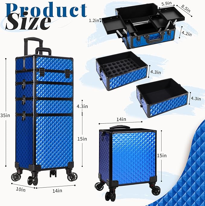 AROUS Rolling Train Makeup Case Cosmetology Case on Wheels, Blue