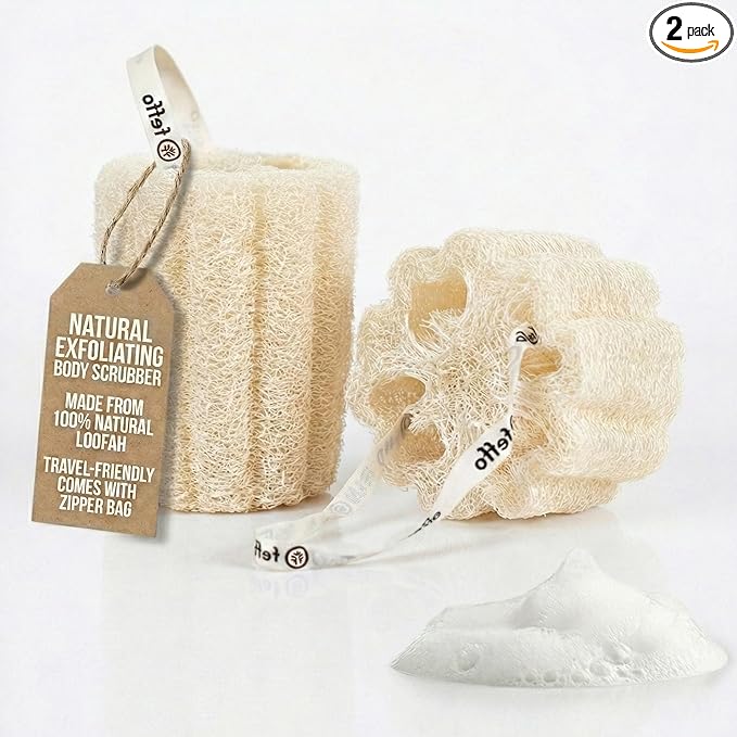 Loofah Sponge for Body Scrub, Exfoliating Body Scrubber & Loofah with Handle, Exfoliating Pads, Loofah for Women, Men & Kids (2 Count,1 Pack, Natural Cut)