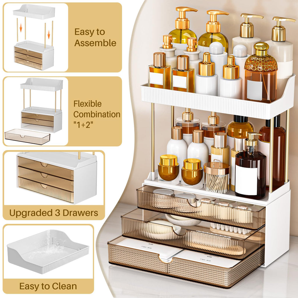 caktraie Bathroom Organizers and Storage - 3 Drawers 2 Tier Makeup Organizer, Cosmetic Storage Drawer for Dresser Countertop and Bathroom Vanity for Large Skincare, Perfume, Amber