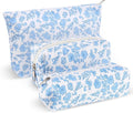 Huhumy 3 Pcs Makeup Bag Set for Women Corduroy Cosmetic Pouch Aesthetic Smile Travel Toiletry Bag Cute Purse Pouch Pencil Case Makeup Brushes Storage Organizer with Zipper (Blue,Floral)