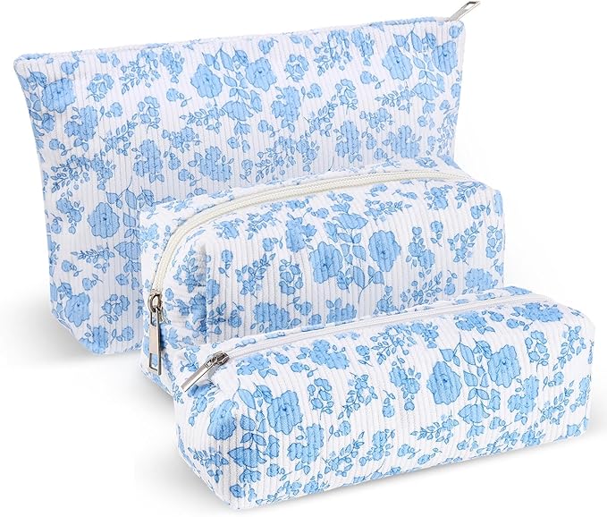 Huhumy 3 Pcs Makeup Bag Set for Women Corduroy Cosmetic Pouch Aesthetic Smile Travel Toiletry Bag Cute Purse Pouch Pencil Case Makeup Brushes Storage Organizer with Zipper (Blue,Floral)