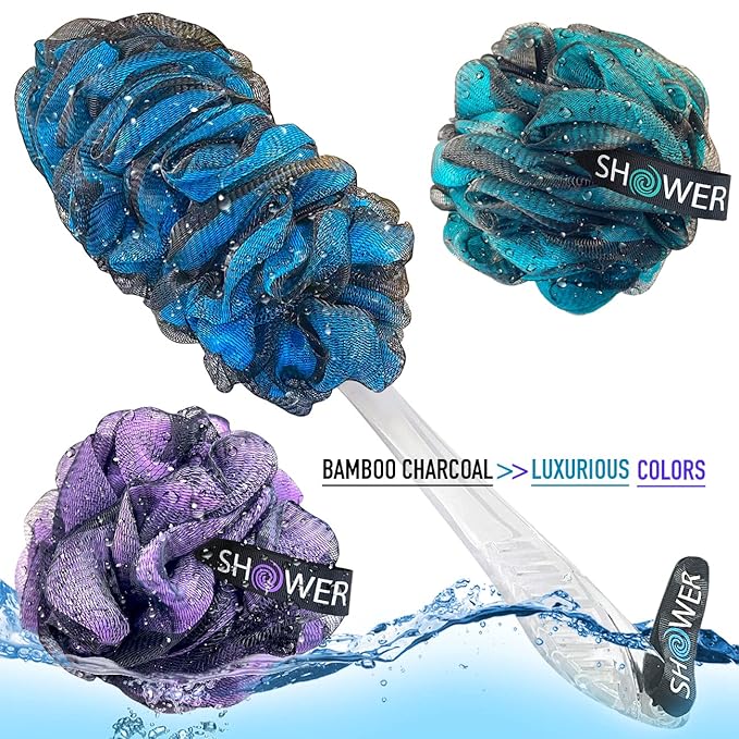 SHOWER BOUQUET Color-Charcoal Back-Loofah-with-Handle & 2 Bath Sponge Set
