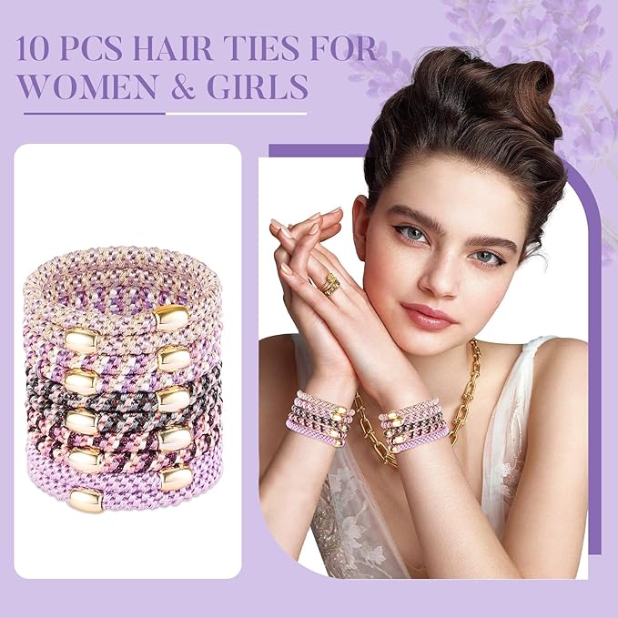 FORENEE Hair Ties No Damage - 10PCS Ponytail Holders - Elastic Hair Ties for Thick Hair - Braided Hair Bands for Women Girls's Hair - Violet
