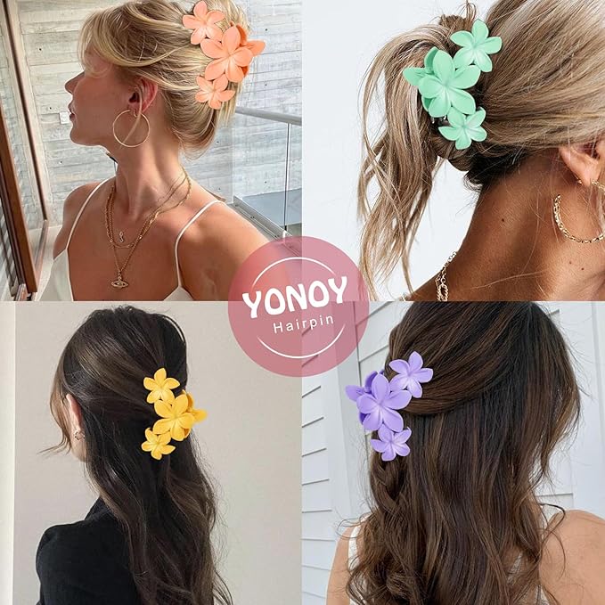 YONOY 6Pcs Flower Hair Clips for Women,Non-Slip Matte Flower Hair Clips for Women,Hawaiian Clip Large Plumeria Banana Cute Clip Beach Hair Accessories (Frosted gradient color)