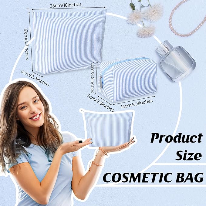 2 Pcs Makeup Bag Set Cute Cosmetic Pouch for Women Seersucker Travel Toiletry Bag Preppy Small Makeup Purse Pouch Aesthetic Skincare Brushes Storage Organizer for Valentine Women(Blue)