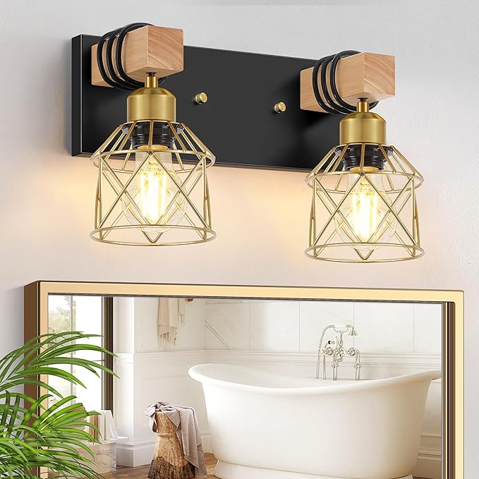 FadimiKoo Rustic Style Wood Bathroom Wall Sconces, 2-Light Black Gold Bathroom Vanity Light Fixtures with Metal Shade, Light Fixtures Wall Mount for Living Room, Hallway, Dressing Table