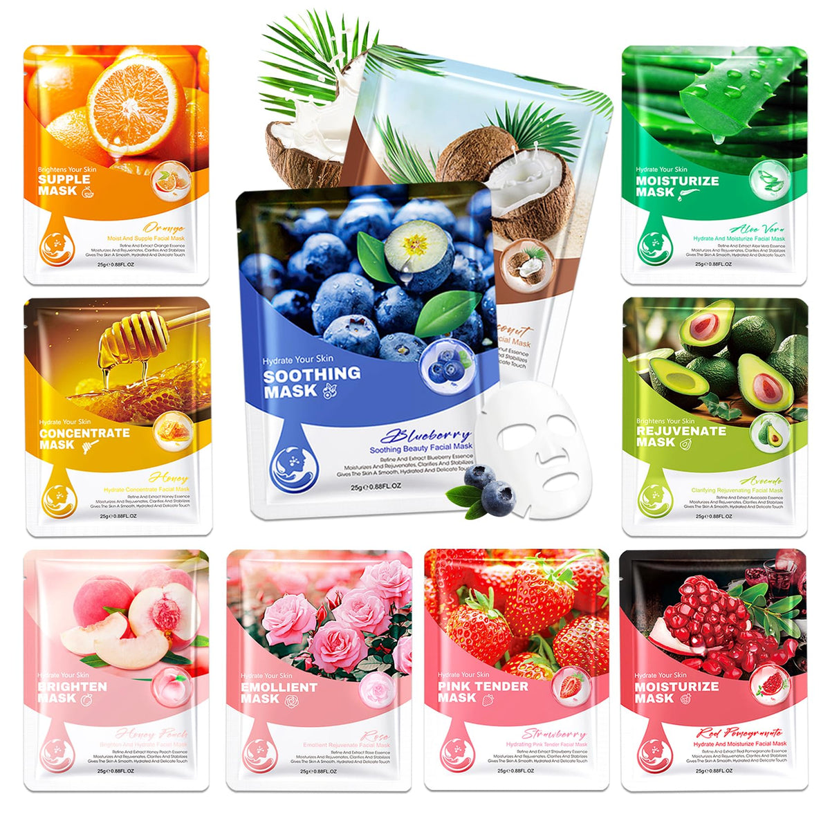 10 Pack Variety Facial Sheet Masks Skin Care Set, Hydrating Bulk Sheet Face Masks Skincare Gifts Set for Women Men, Long Lasting Moisturizing Face Mask Skincare for All Skin Type（D07)