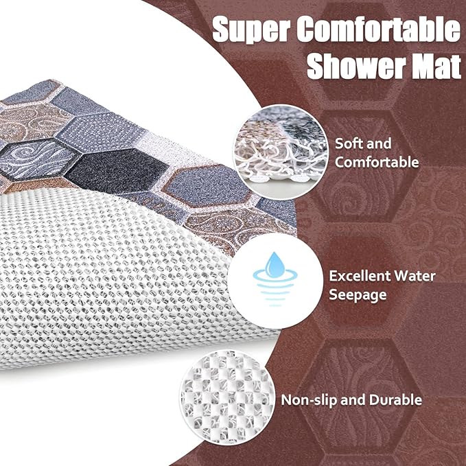 Shower Mat Non-Slip, 24x24 Inch Soft Comfort Bath Mat with Drainage Holes, PVC Loofah Massage Bathmat for Shower,Tub,Bathroom,Wet Areas, Quick Drying